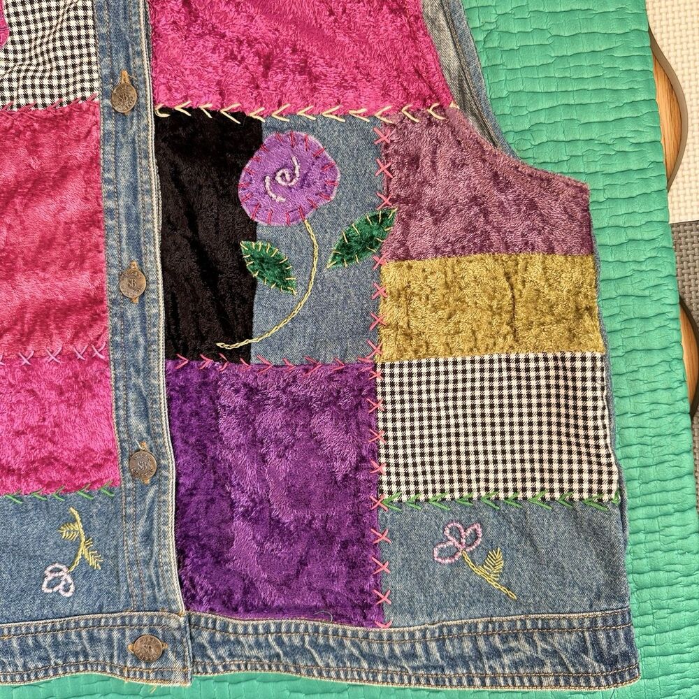 Susan Bristol P L Floral Hand Embroidered Patchwork Denim Vest Y2K 90s Vintage - Picture 16 of 16